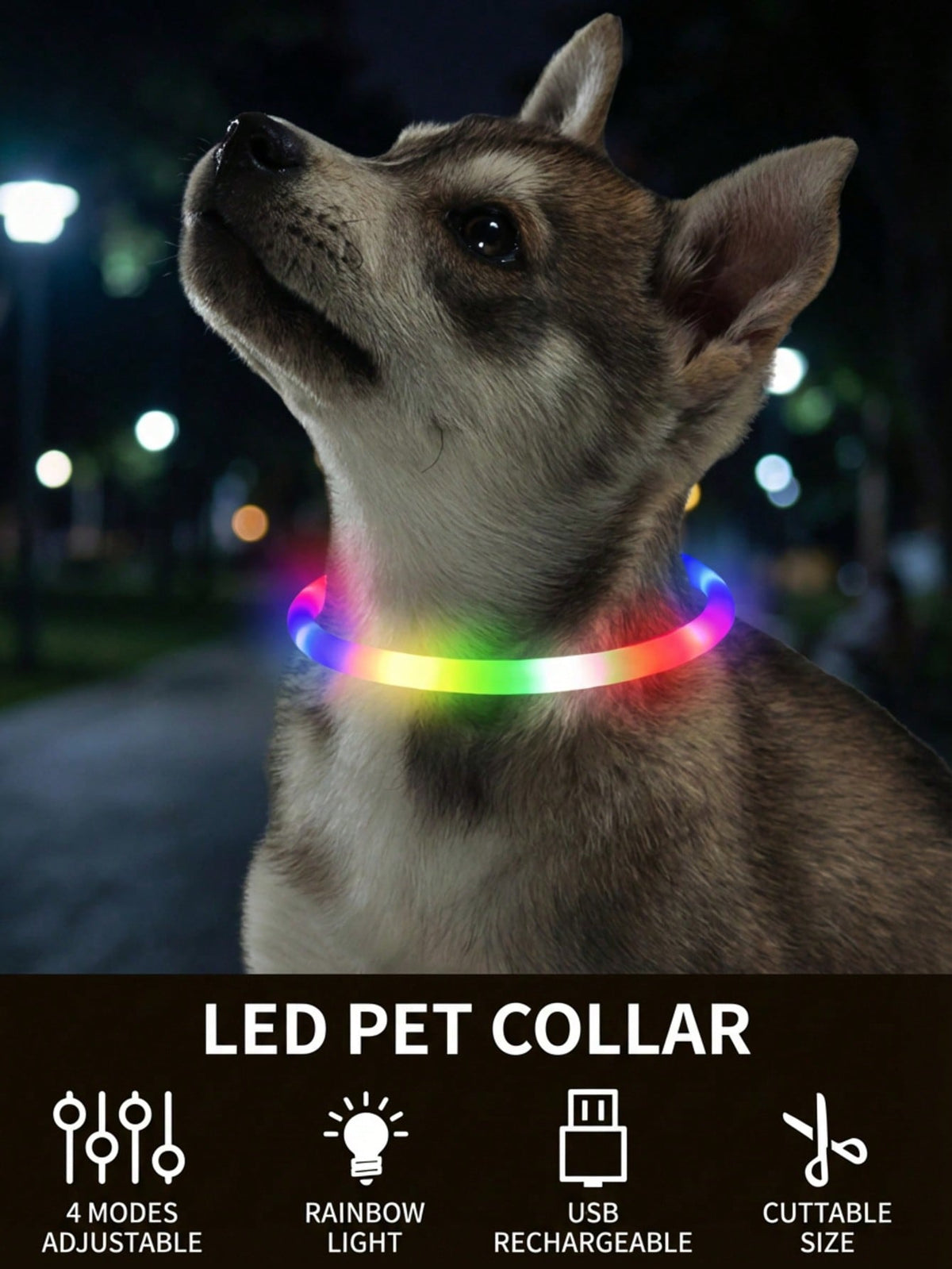 PETSIN 1pc Rechargeable Luminous Pet Collar, 4 Lighting Modes: Steady, Fast Flashing, Slow Flashing, Flowing, Suitable For Pets' Night Activity, Can Be Cut To Fit