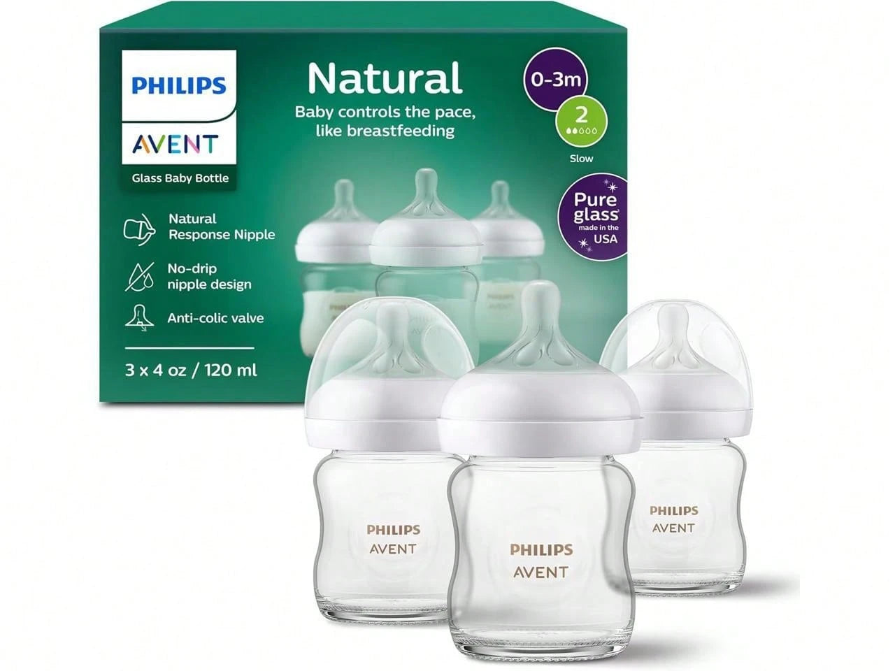Philips Avent Natural Glass Baby Bottles With Natural Response Nipples (Slow Flow, Flow 2), 4oz, 3-Pack, SCY910/03