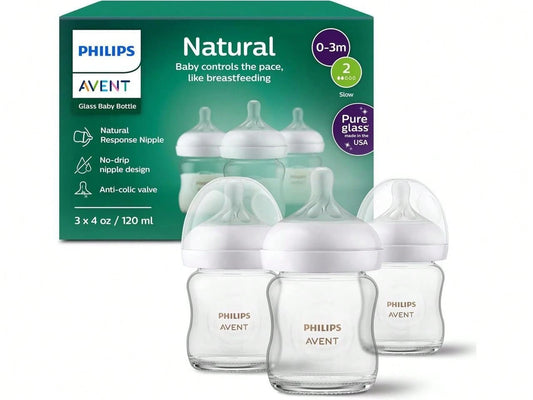 Philips Avent Natural Glass Baby Bottles With Natural Response Nipples (Slow Flow, Flow 2), 4oz, 3-Pack, SCY910/03