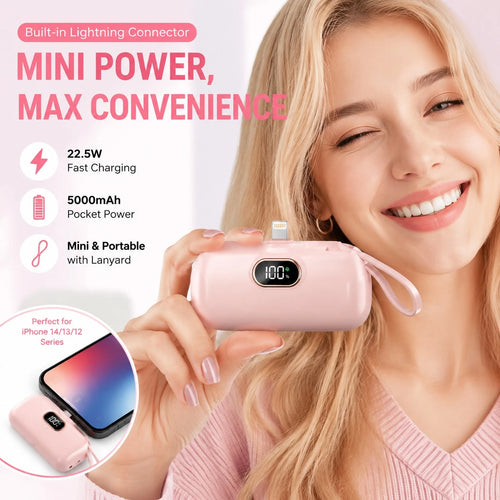 Pink 5000mAh Mini Power Bank With Lightning Plug, Built-In USB-C Cable And 22.5W Fast Charging, Featuring A Digital Power Display, Mini Rounded Design And Attached Strap For Handbags And Pockets, Made