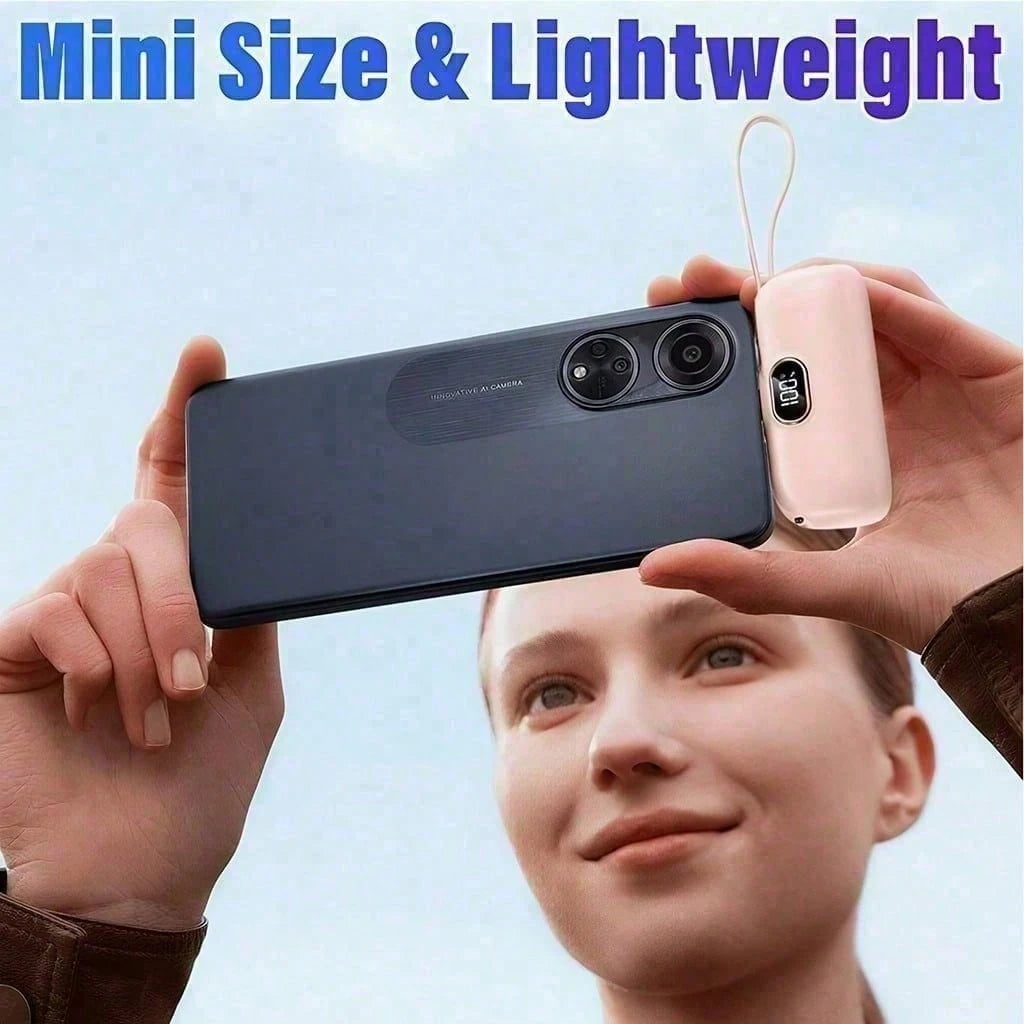 Pink 5000mAh Mini Power Bank With Lightning Plug, Built-In USB-C Cable And 22.5W Fast Charging, Featuring A Digital Power Display, Mini Rounded Design And Attached Strap For Handbags And Pockets, Made