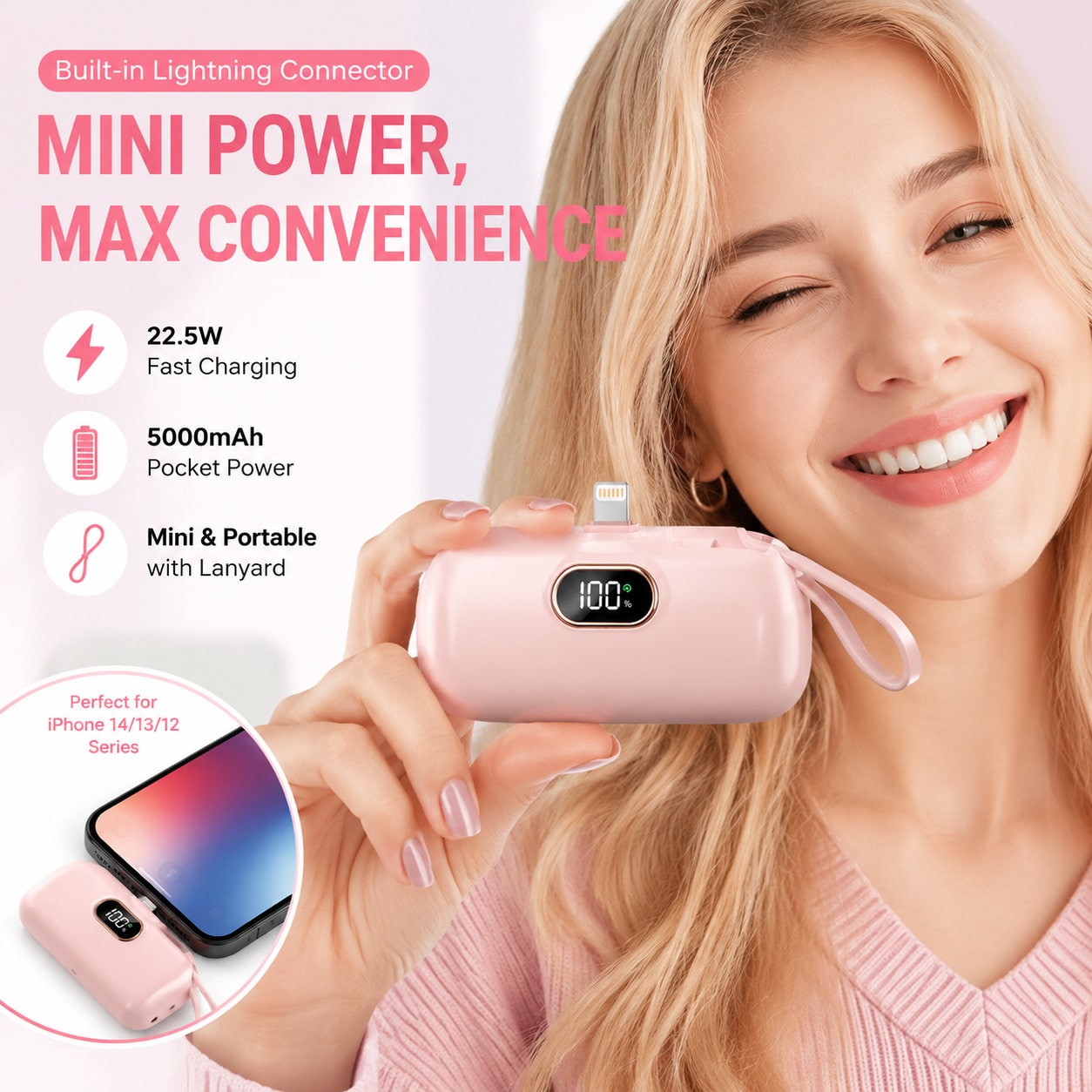 Pink 5000mAh Mini Power Bank With Lightning Plug, Built-In USB-C Cable And 22.5W Fast Charging, Featuring A Digital Power Display, Mini Rounded Design And Attached Strap For Handbags And Pockets, Made