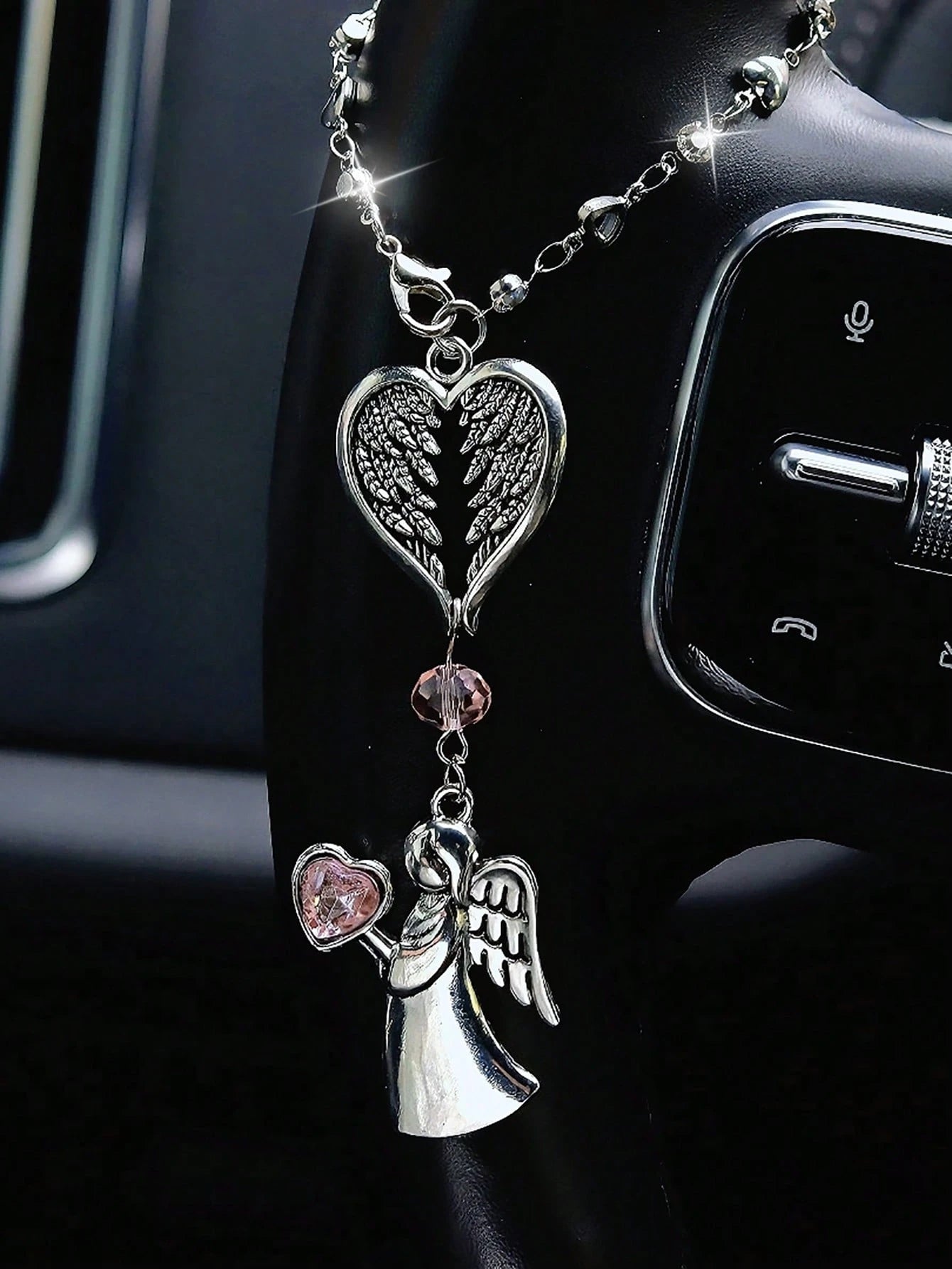 Pink Crystal Guardian Angel Car Pendant- Premium Alloy Angel Charm Versatile For Car Rearview Mirror, Steering Wheel & Women's Handbag Elegant Auto Interior Decor Accessory Ideal Gift For Women, Girlf