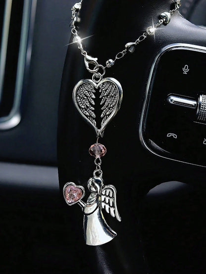 Pink Crystal Guardian Angel Car Pendant- Premium Alloy Angel Charm Versatile For Car Rearview Mirror, Steering Wheel & Women's Handbag Elegant Auto Interior Decor Accessory Ideal Gift For Women, Girlf