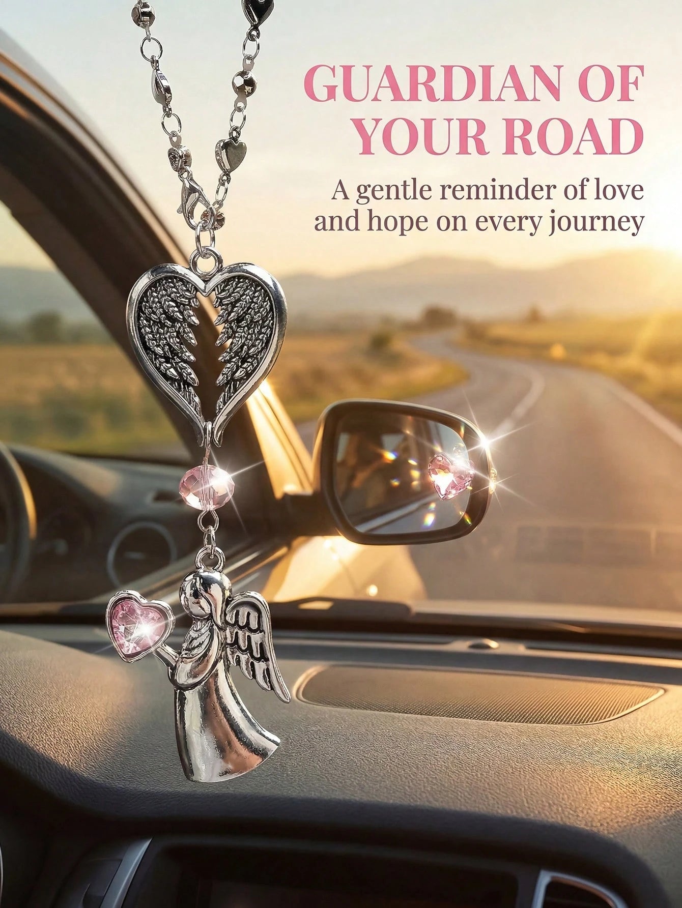 Pink Crystal Guardian Angel Car Pendant- Premium Alloy Angel Charm Versatile For Car Rearview Mirror, Steering Wheel & Women's Handbag Elegant Auto Interior Decor Accessory Ideal Gift For Women, Girlf