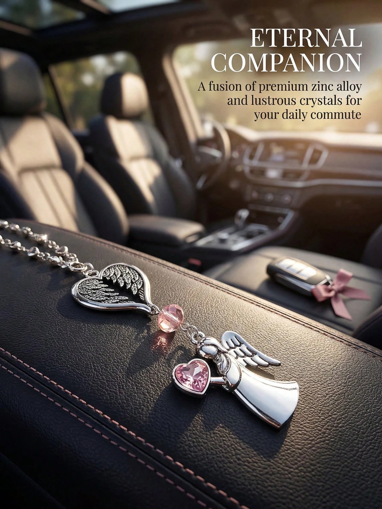 Pink Crystal Guardian Angel Car Pendant- Premium Alloy Angel Charm Versatile For Car Rearview Mirror, Steering Wheel & Women's Handbag Elegant Auto Interior Decor Accessory Ideal Gift For Women, Girlf