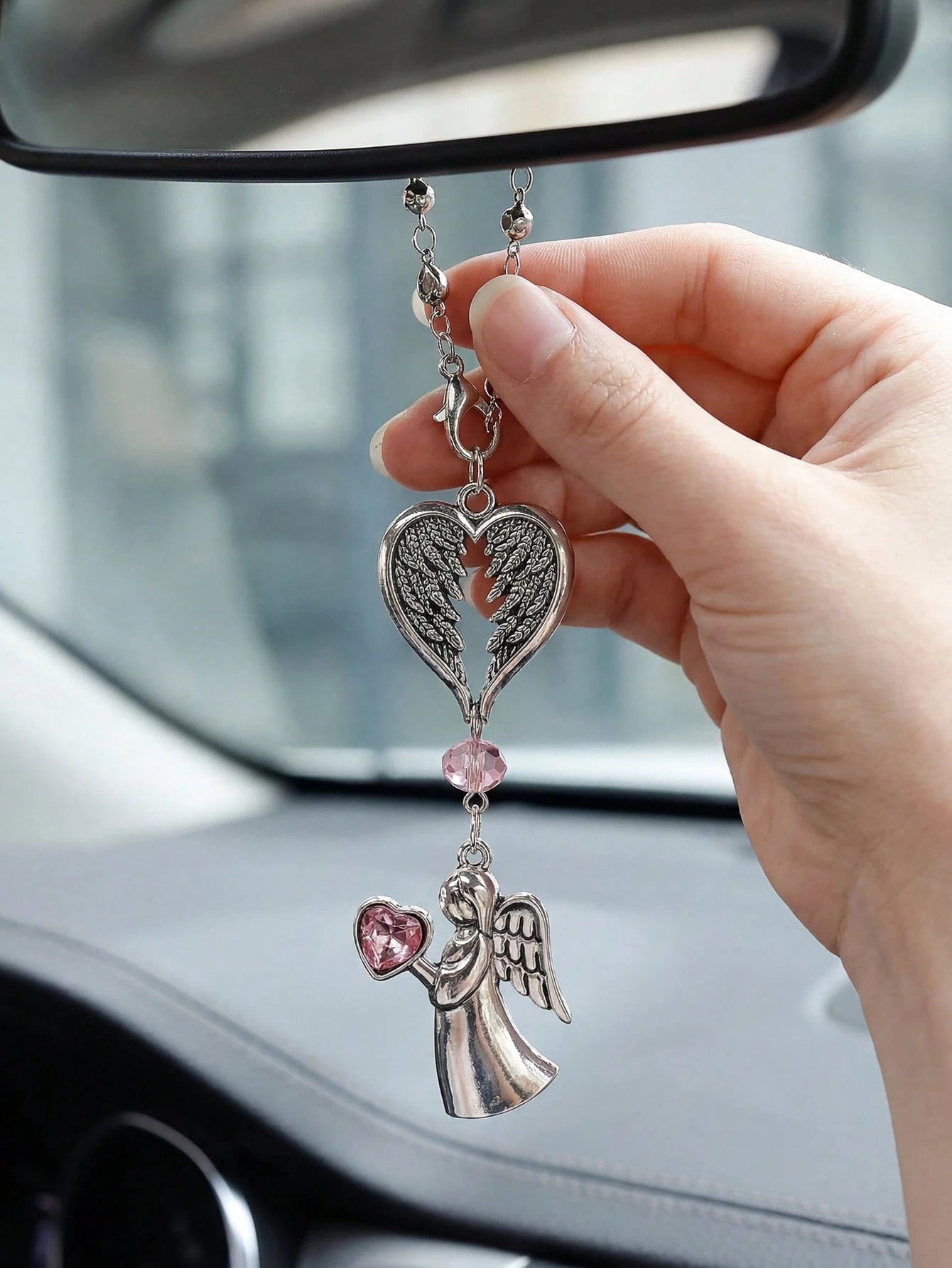 Pink Crystal Guardian Angel Car Pendant- Premium Alloy Angel Charm Versatile For Car Rearview Mirror, Steering Wheel & Women's Handbag Elegant Auto Interior Decor Accessory Ideal Gift For Women, Girlf
