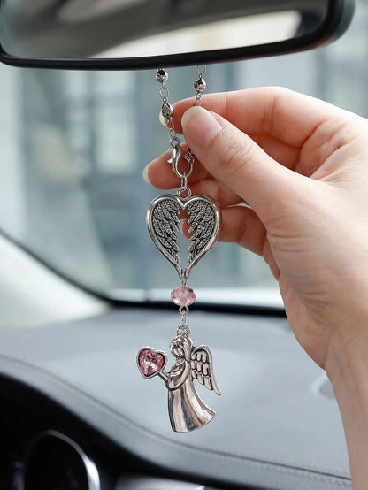 Pink Crystal Guardian Angel Car Pendant- Premium Alloy Angel Charm Versatile For Car Rearview Mirror, Steering Wheel & Women's Handbag Elegant Auto Interior Decor Accessory Ideal Gift For Women, Girlf