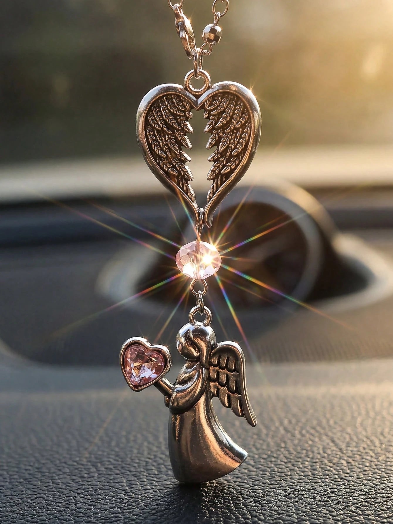 Pink Crystal Guardian Angel Car Pendant- Premium Alloy Angel Charm Versatile For Car Rearview Mirror, Steering Wheel & Women's Handbag Elegant Auto Interior Decor Accessory Ideal Gift For Women, Girlf