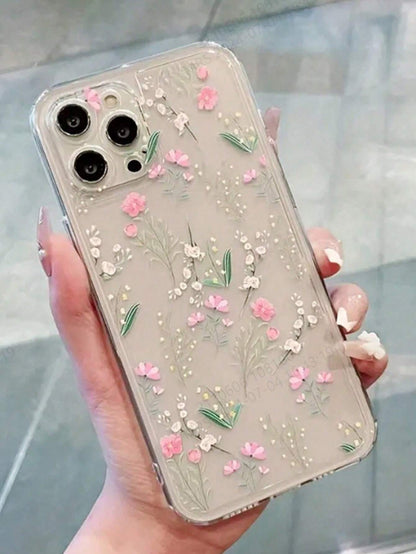 Pink Flower Elements Fashion Phone Case Flower Phone Case Flower Line Drawing Illustration Precision Hole Space Shell Transparent Painted Thick Shockproof Phone Case, Compatible With IPhone 15 Promax