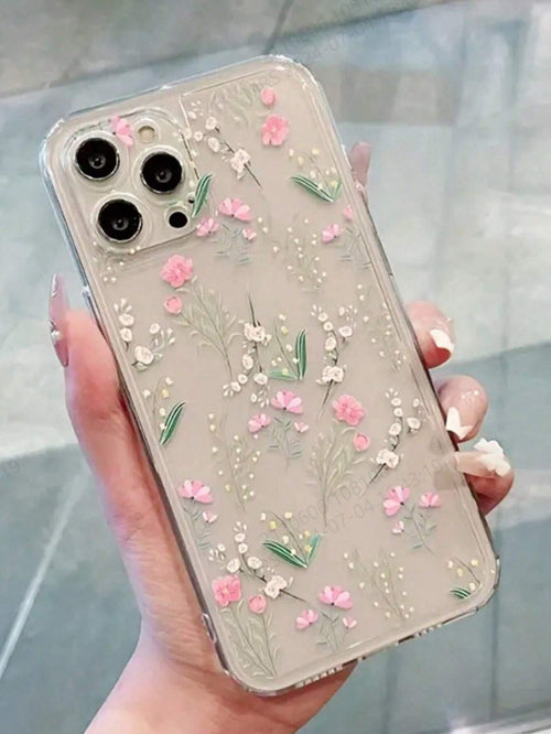 Pink Flower Elements Fashion Phone Case Flower Phone Case Flower Line Drawing Illustration Precision Hole Space Shell Transparent Painted Thick Shockproof Phone Case, Compatible With IPhone 15 Promax