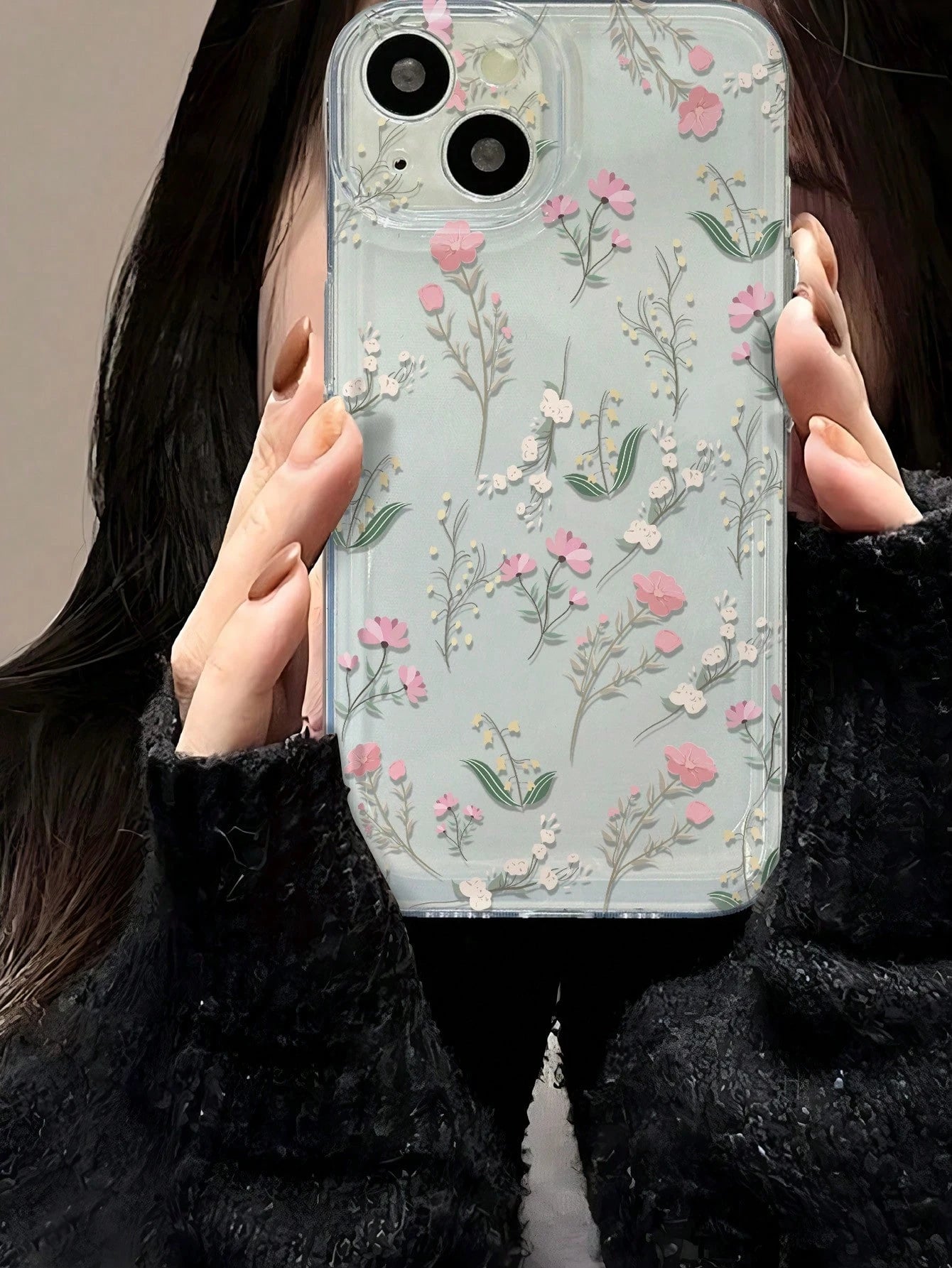Pink Flower Elements Fashion Phone Case Flower Phone Case Flower Line Drawing Illustration Precision Hole Space Shell Transparent Painted Thick Shockproof Phone Case, Compatible With IPhone 15 Promax