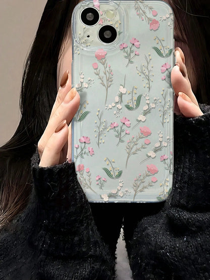 Pink Flower Elements Fashion Phone Case Flower Phone Case Flower Line Drawing Illustration Precision Hole Space Shell Transparent Painted Thick Shockproof Phone Case, Compatible With IPhone 15 Promax