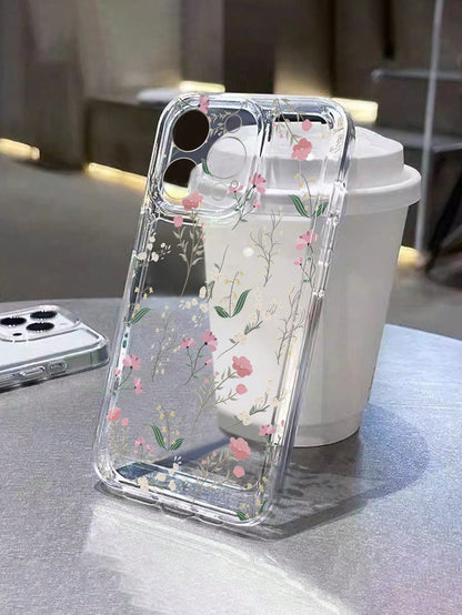Pink Flower Elements Fashion Phone Case Flower Phone Case Flower Line Drawing Illustration Precision Hole Space Shell Transparent Painted Thick Shockproof Phone Case, Compatible With IPhone 15 Promax