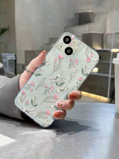 Pink Flower Elements Fashion Phone Case Flower Phone Case Flower Line Drawing Illustration Precision Hole Space Shell Transparent Painted Thick Shockproof Phone Case, Compatible With IPhone 15 Promax