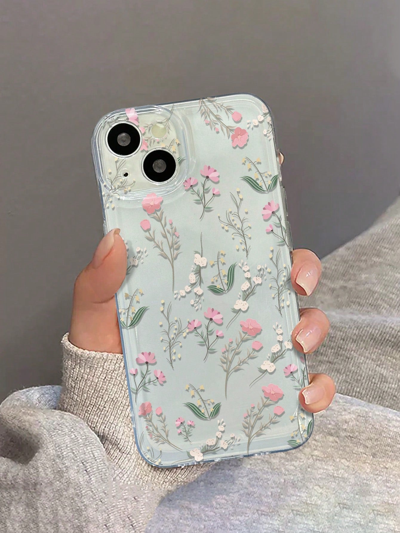 Pink Flower Elements Fashion Phone Case Flower Phone Case Flower Line Drawing Illustration Precision Hole Space Shell Transparent Painted Thick Shockproof Phone Case, Compatible With IPhone 15 Promax