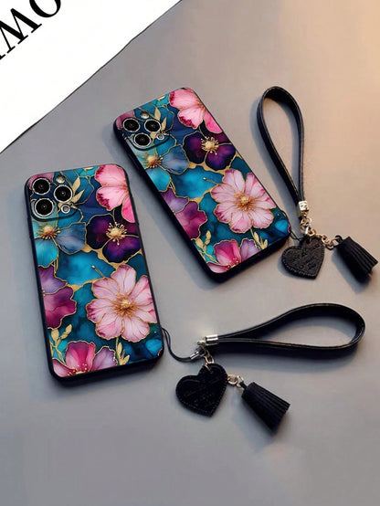 Pink Flower Elements Fashion Phone Case Flower Phone Case Flower Line Drawing Illustration Precision Hole Space Shell Transparent Painted Thick Shockproof Phone Case, Compatible With IPhone 15 Promax