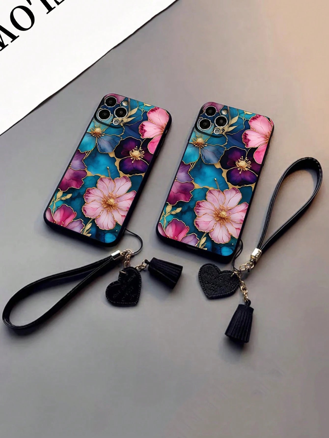 Pink Flower Elements Fashion Phone Case Flower Phone Case Flower Line Drawing Illustration Precision Hole Space Shell Transparent Painted Thick Shockproof Phone Case, Compatible With IPhone 15 Promax