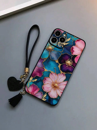 Pink Flower Elements Fashion Phone Case Flower Phone Case Flower Line Drawing Illustration Precision Hole Space Shell Transparent Painted Thick Shockproof Phone Case, Compatible With IPhone 15 Promax