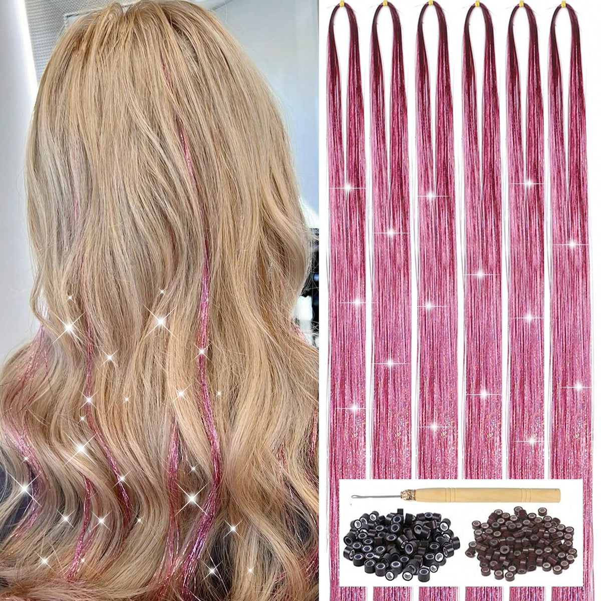 Pink Hair Tinsel Kit With Tool 6pcs 1200 Strands Glitter Tinsel Hair Extensions Heat Resistant Sparkling Shiny Fairy Hair Accessories For Women Girls Kids 47Inch