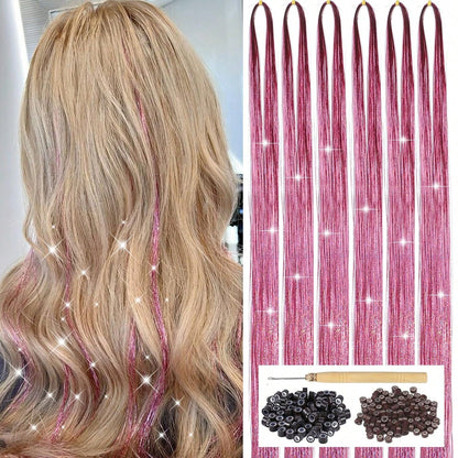 Pink Hair Tinsel Kit With Tool 6pcs 1200 Strands Glitter Tinsel Hair Extensions Heat Resistant Sparkling Shiny Fairy Hair Accessories For Women Girls Kids 47Inch