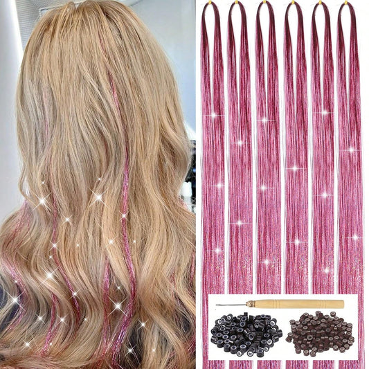 Pink Hair Tinsel Kit With Tool 6pcs 1200 Strands Glitter Tinsel Hair Extensions Heat Resistant Sparkling Shiny Fairy Hair Accessories For Women Girls Kids 47Inch
