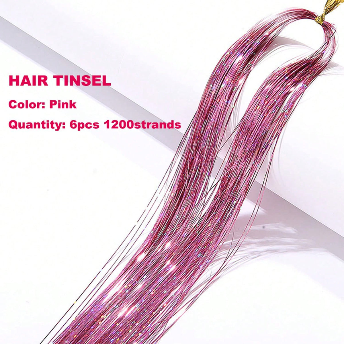 Pink Hair Tinsel Kit With Tool 6pcs 1200 Strands Glitter Tinsel Hair Extensions Heat Resistant Sparkling Shiny Fairy Hair Accessories For Women Girls Kids 47Inch