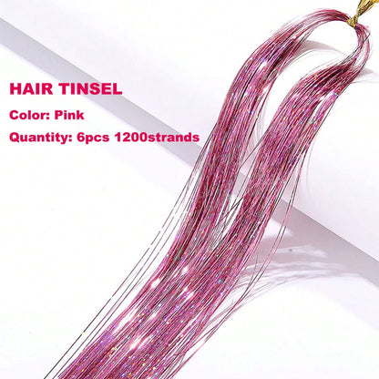Pink Hair Tinsel Kit With Tool 6pcs 1200 Strands Glitter Tinsel Hair Extensions Heat Resistant Sparkling Shiny Fairy Hair Accessories For Women Girls Kids 47Inch