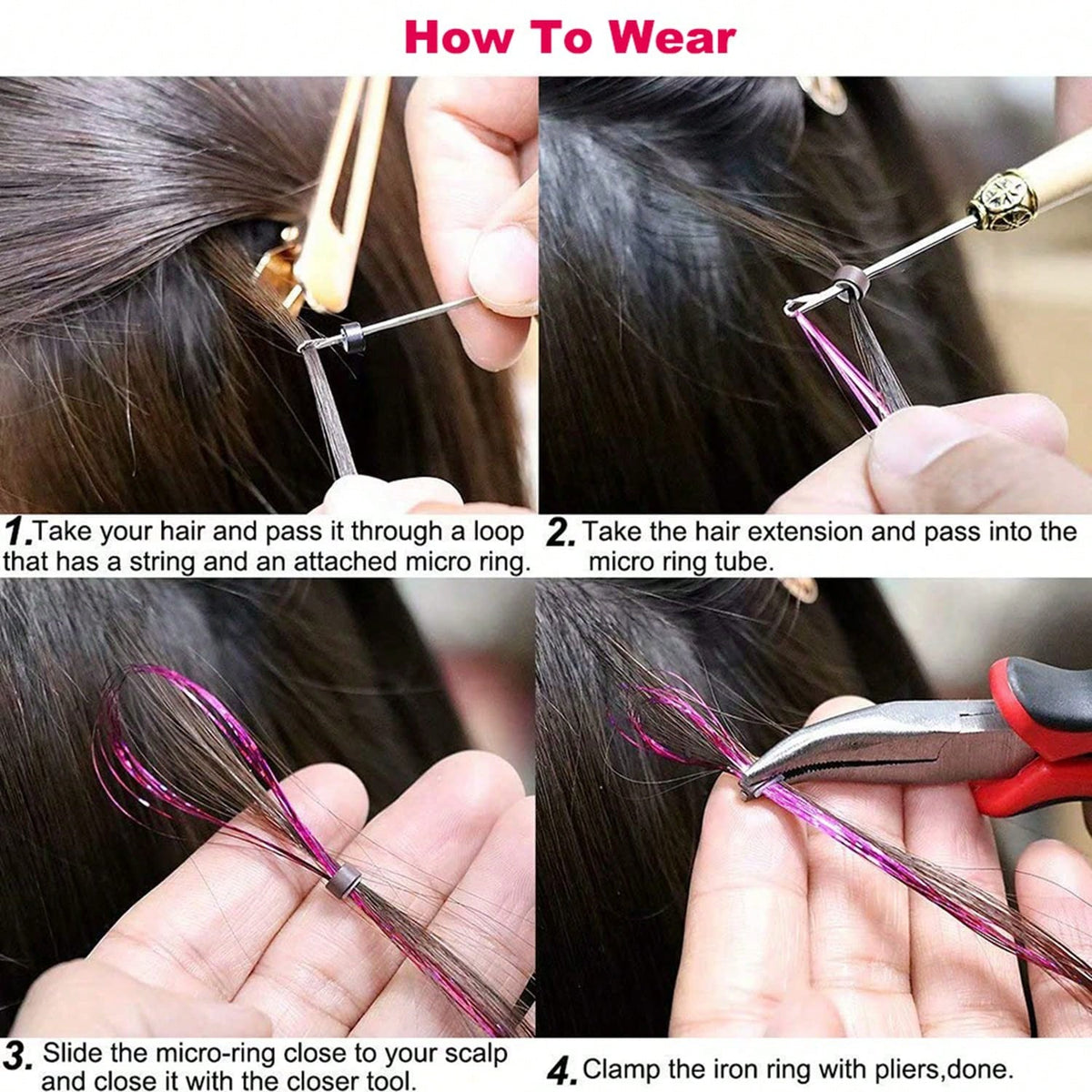 Pink Hair Tinsel Kit With Tool 6pcs 1200 Strands Glitter Tinsel Hair Extensions Heat Resistant Sparkling Shiny Fairy Hair Accessories For Women Girls Kids 47Inch