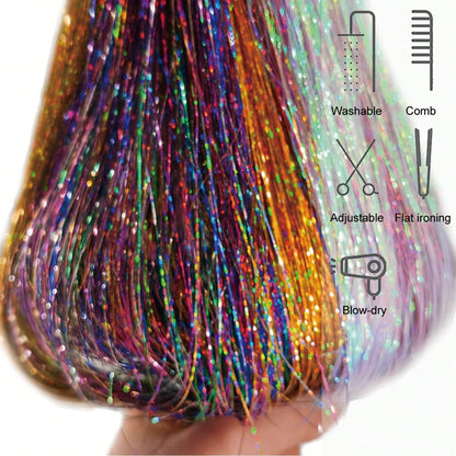 Pink Hair Tinsel Kit With Tool 6pcs 1200 Strands Glitter Tinsel Hair Extensions Heat Resistant Sparkling Shiny Fairy Hair Accessories For Women Girls Kids 47Inch