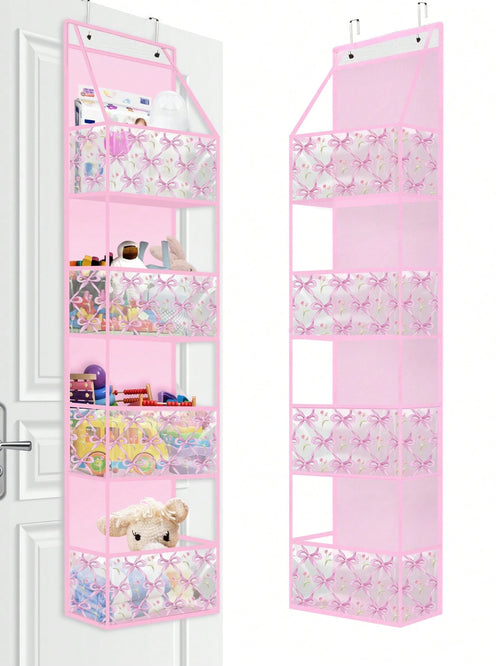 Pink Hanging Storage Bag 4-Tier Room Organizer Rack Transparent Plastic Pockets Bow Pattern For Nursery Dolls