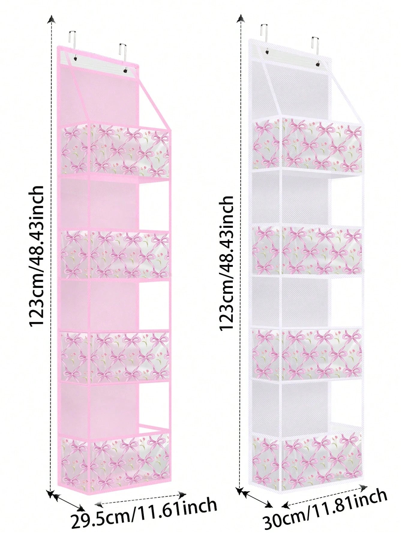 Pink Hanging Storage Bag 4-Tier Room Organizer Rack Transparent Plastic Pockets Bow Pattern For Nursery Dolls