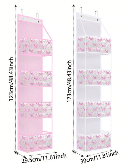 Pink Hanging Storage Bag 4-Tier Room Organizer Rack Transparent Plastic Pockets Bow Pattern For Nursery Dolls