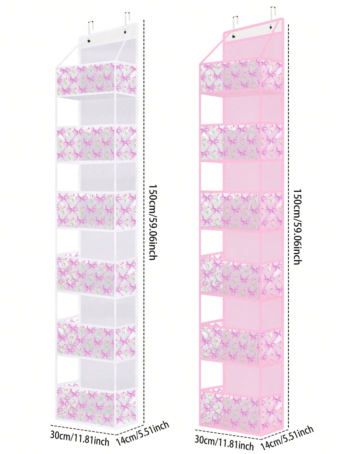 Pink Hanging Storage Bag 4-Tier Room Organizer Rack Transparent Plastic Pockets Bow Pattern For Nursery Dolls