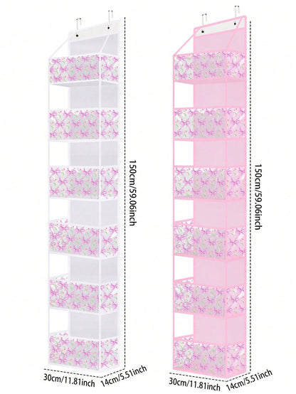 Pink Hanging Storage Bag 4-Tier Room Organizer Rack Transparent Plastic Pockets Bow Pattern For Nursery Dolls