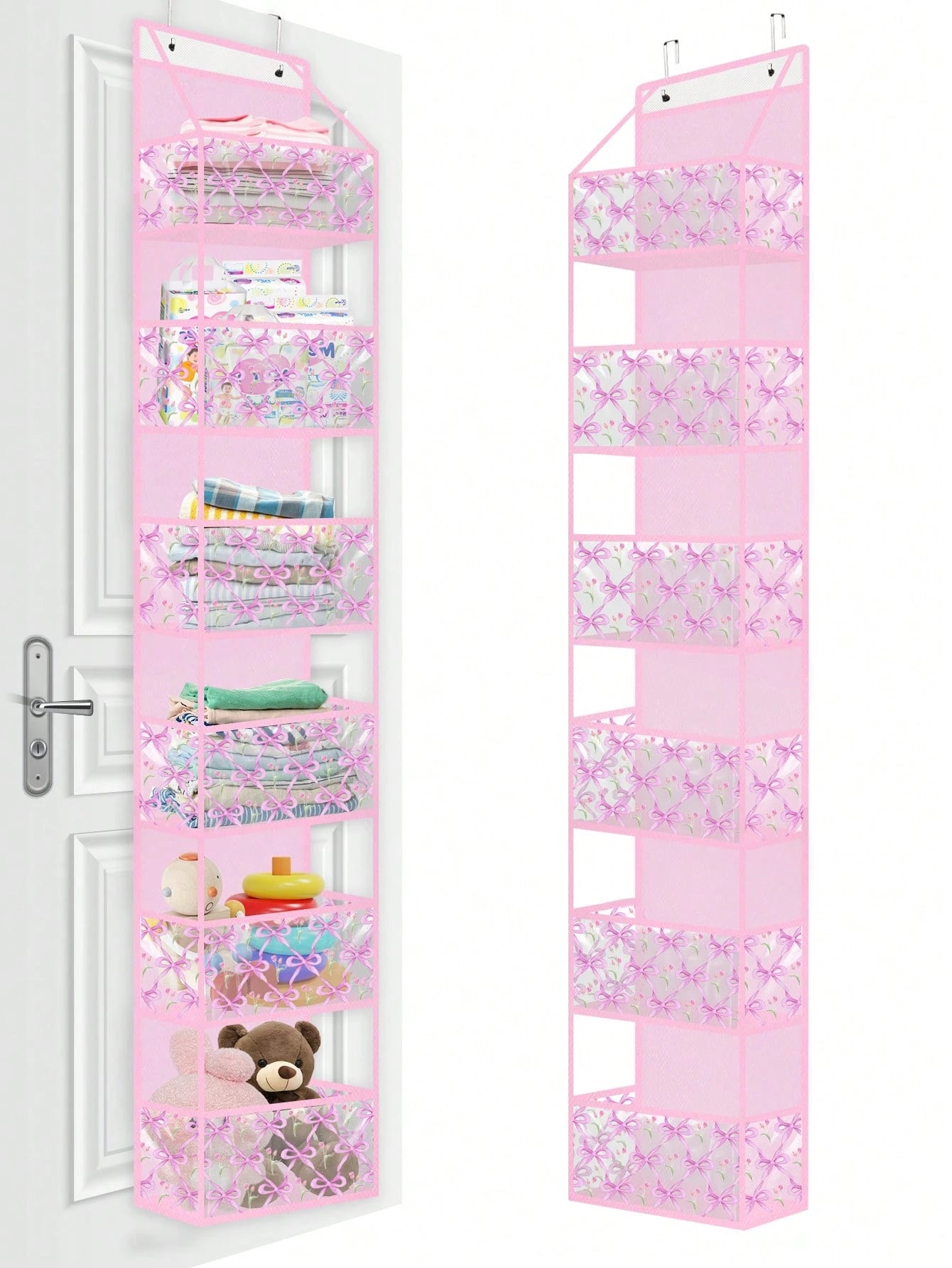 Pink Hanging Storage Bag 4-Tier Room Organizer Rack Transparent Plastic Pockets Bow Pattern For Nursery Dolls