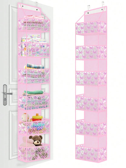 Pink Hanging Storage Bag 4-Tier Room Organizer Rack Transparent Plastic Pockets Bow Pattern For Nursery Dolls