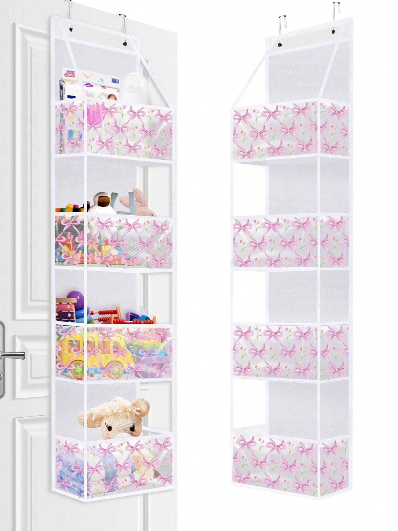 Pink Hanging Storage Bag 4-Tier Room Organizer Rack Transparent Plastic Pockets Bow Pattern For Nursery Dolls