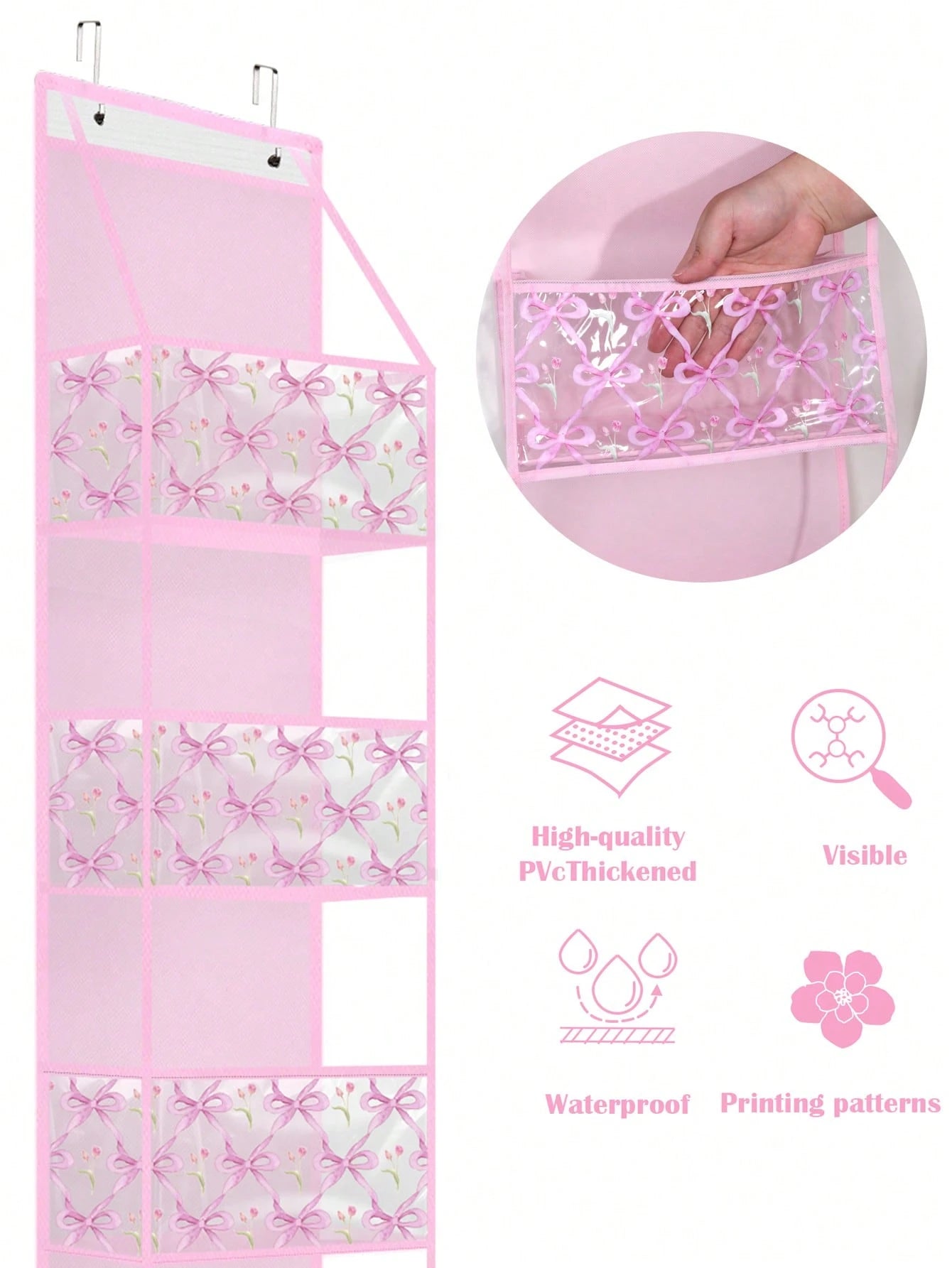 Pink Hanging Storage Bag 4-Tier Room Organizer Rack Transparent Plastic Pockets Bow Pattern For Nursery Dolls