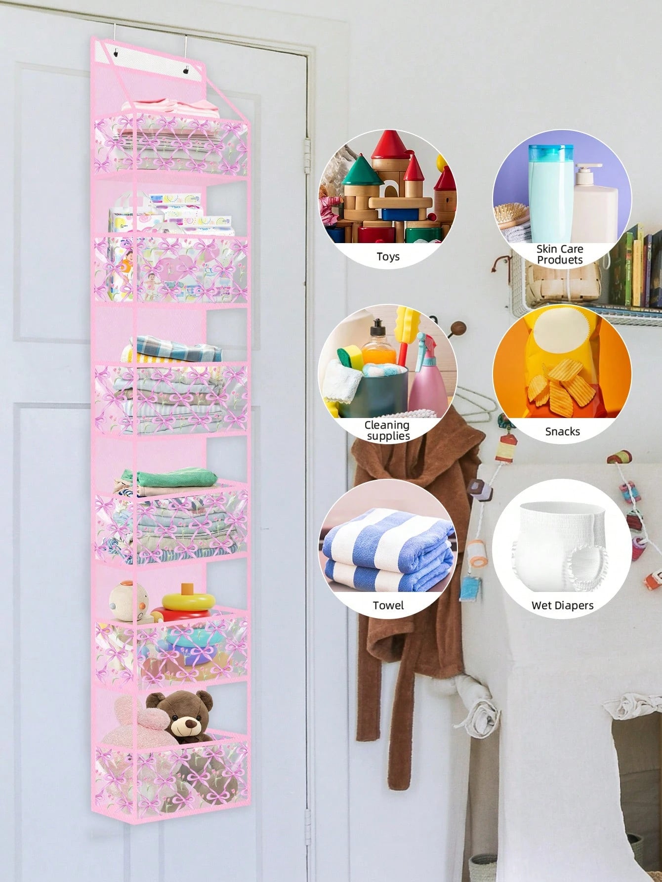 Pink Hanging Storage Bag 4-Tier Room Organizer Rack Transparent Plastic Pockets Bow Pattern For Nursery Dolls