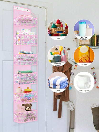Pink Hanging Storage Bag 4-Tier Room Organizer Rack Transparent Plastic Pockets Bow Pattern For Nursery Dolls