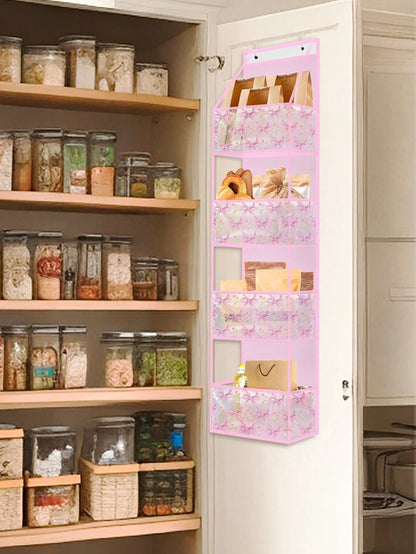 Pink Hanging Storage Bag 4-Tier Room Organizer Rack Transparent Plastic Pockets Bow Pattern For Nursery Dolls