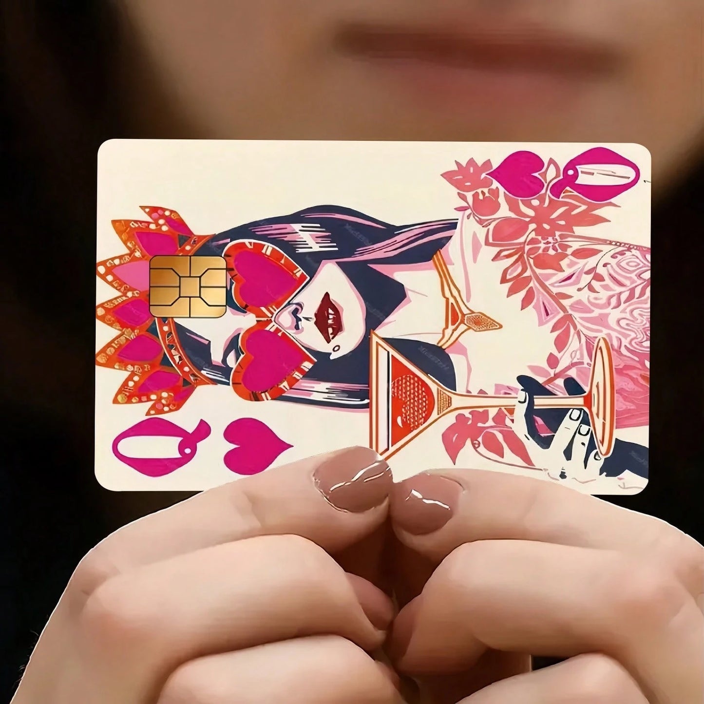 Pink Heart Queen Playing Card Design Credit Card Sticker, Suitable For EBT, Transportation, Keys, Credit Cards, Debit Cards, Bank Cards Protection, Bubble-Free, High Quality, Designed For Small Cards