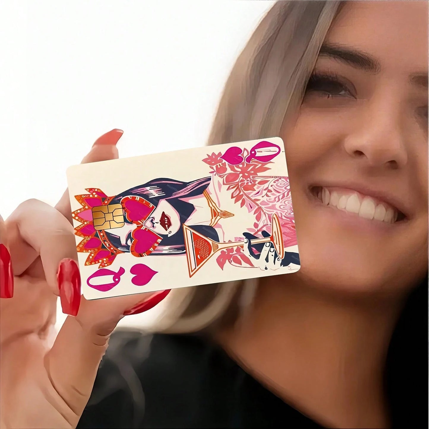 Pink Heart Queen Playing Card Design Credit Card Sticker, Suitable For EBT, Transportation, Keys, Credit Cards, Debit Cards, Bank Cards Protection, Bubble-Free, High Quality, Designed For Small Cards