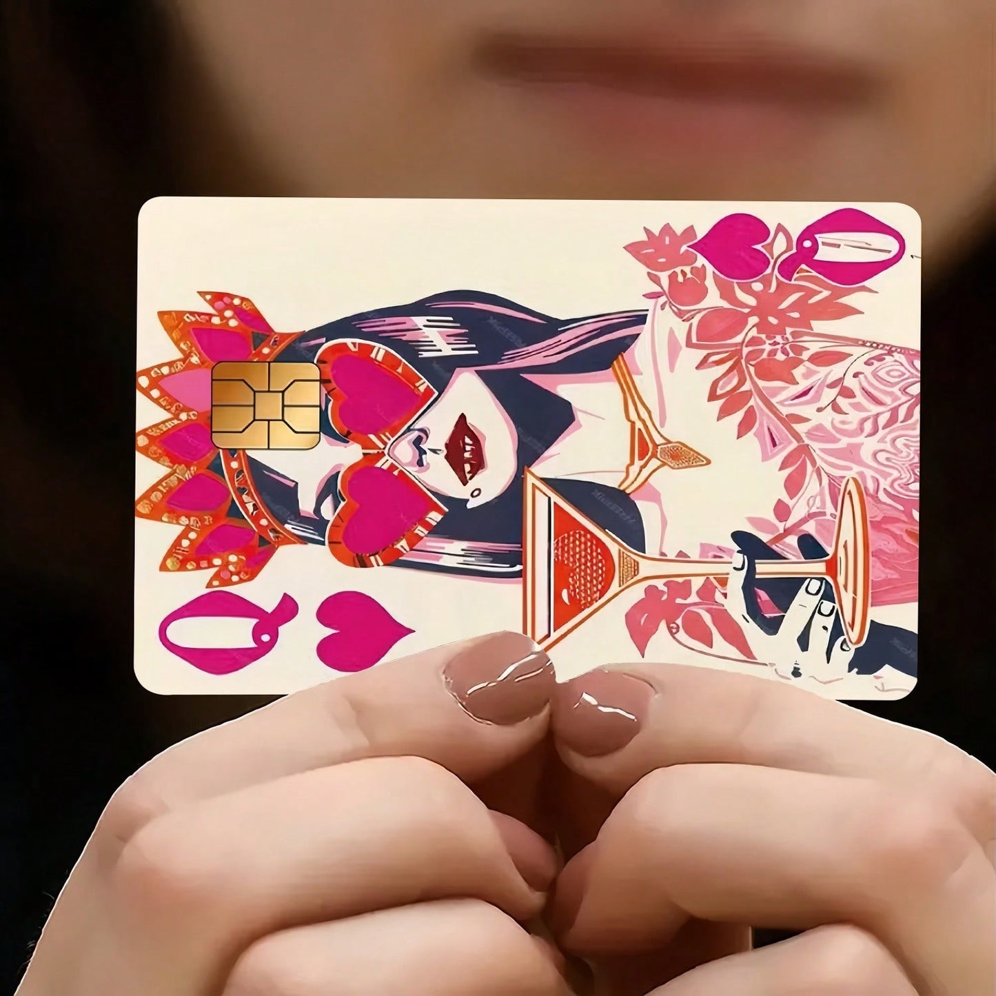 Pink Heart Queen Playing Card Design Credit Card Sticker, Suitable For EBT, Transportation, Keys, Credit Cards, Debit Cards, Bank Cards Protection, Bubble-Free, High Quality, Designed For Small Cards