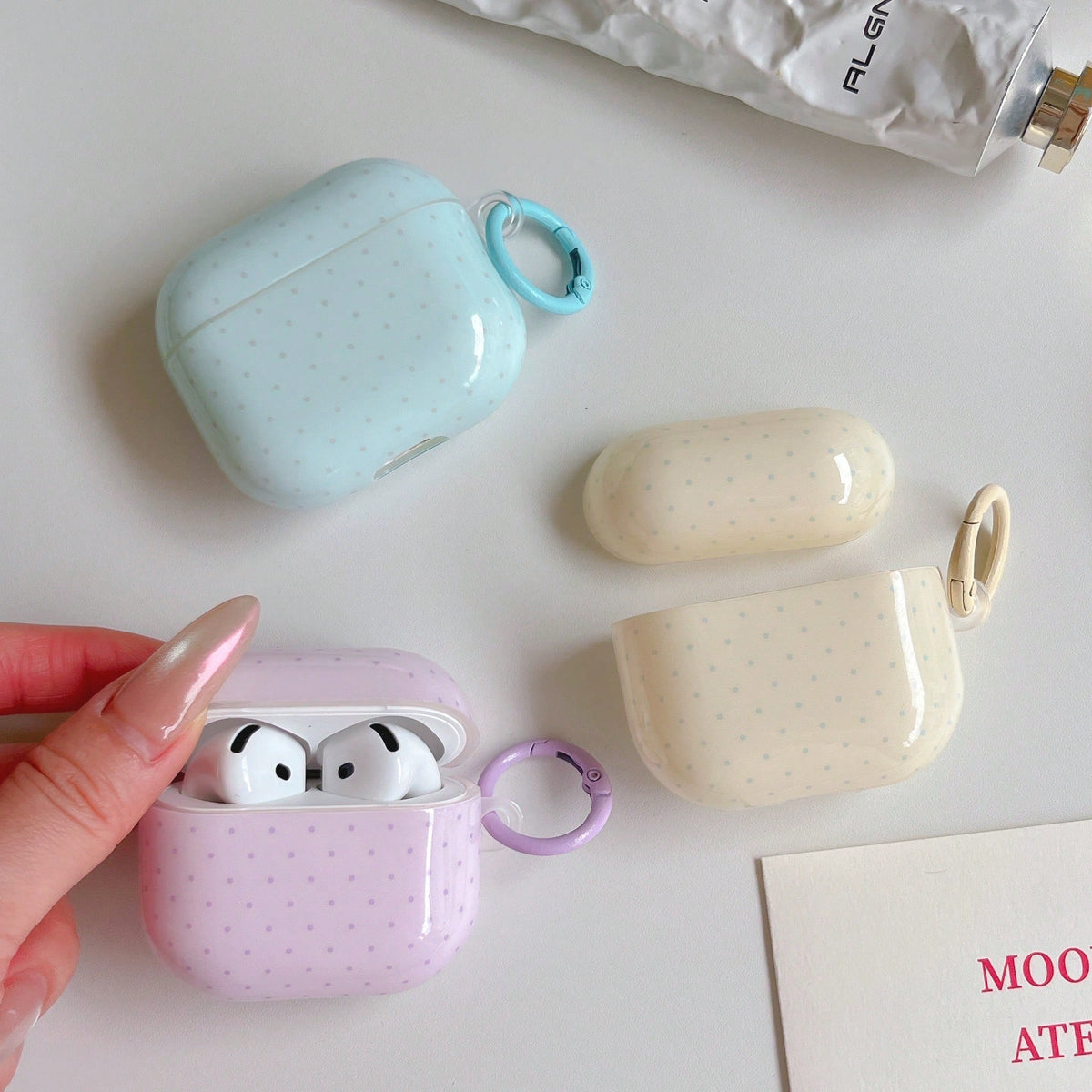 Pink Polka Dot Minimalist Design Earphone Case + Hanging Ring Set Compatible With Apple Pro 2/ Pro/ 4/ 3/ 2