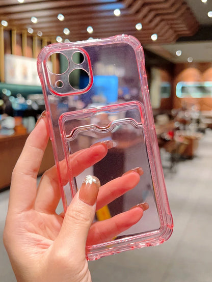 Pink Solid Color Apple Clear Card Slot Phone Case Waterproof Shockproof Anti-Fall Scratch Resistant Spring Gift