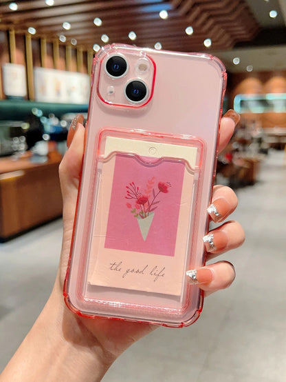 Pink Solid Color Apple Clear Card Slot Phone Case Waterproof Shockproof Anti-Fall Scratch Resistant Spring Gift