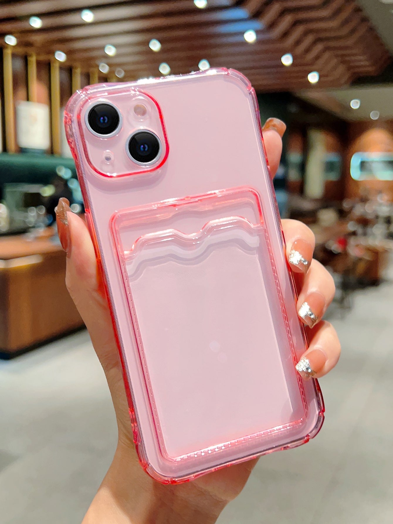 Pink Solid Color Apple Clear Card Slot Phone Case Waterproof Shockproof Anti-Fall Scratch Resistant Spring Gift