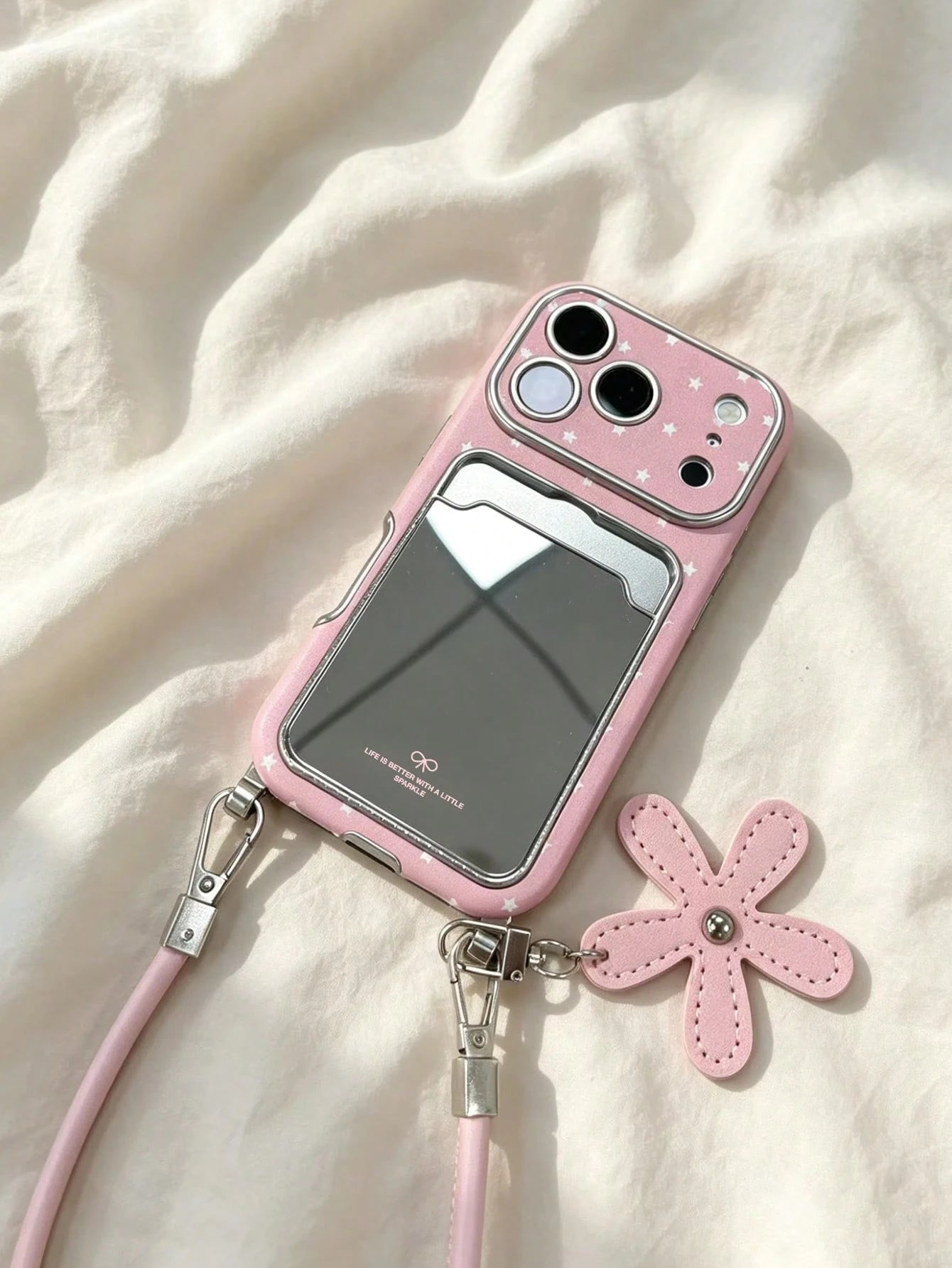 Pink Star Mirror Stand Phone Case With Lanyard, Y2K Vintage Elegant Style, Compatible With IPhone 17/17Pro/17ProMax/16/16Pro/16Plus/16ProMax/15/15Pro/15ProMax/14/14Pro/14ProMax/13/13Pro/13ProMax/Apple